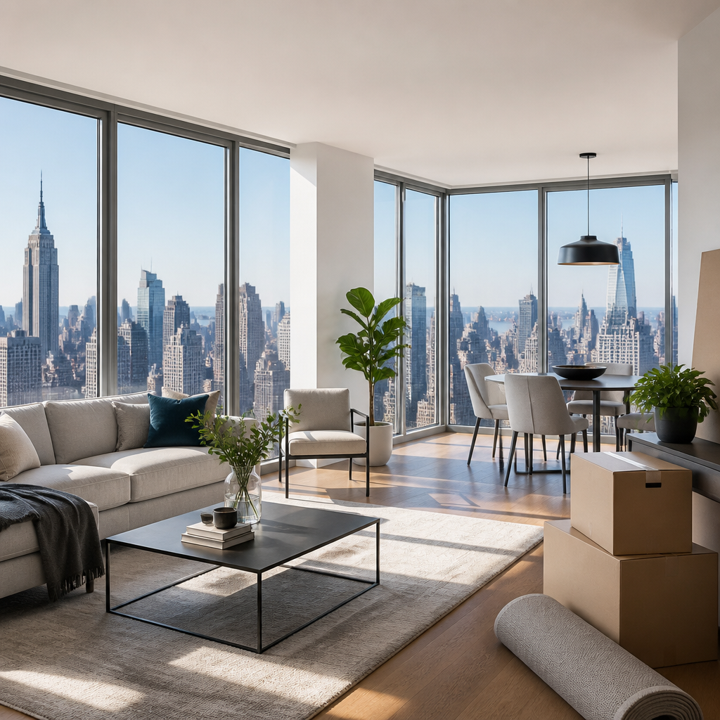 Newly occupied NYC apartment with city skyline view and moving boxes
