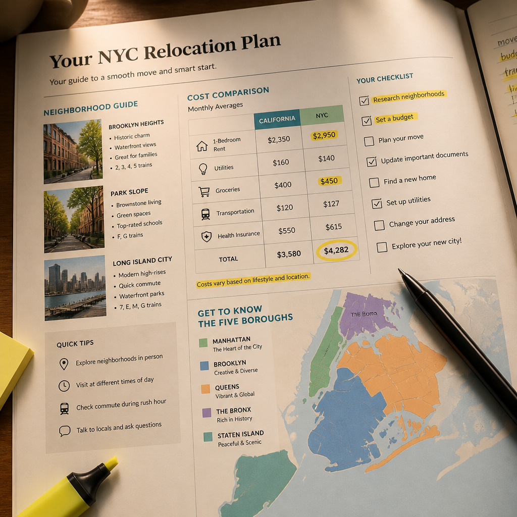 Detailed relocation checklist and neighborhood guide documents laid out during moving planning