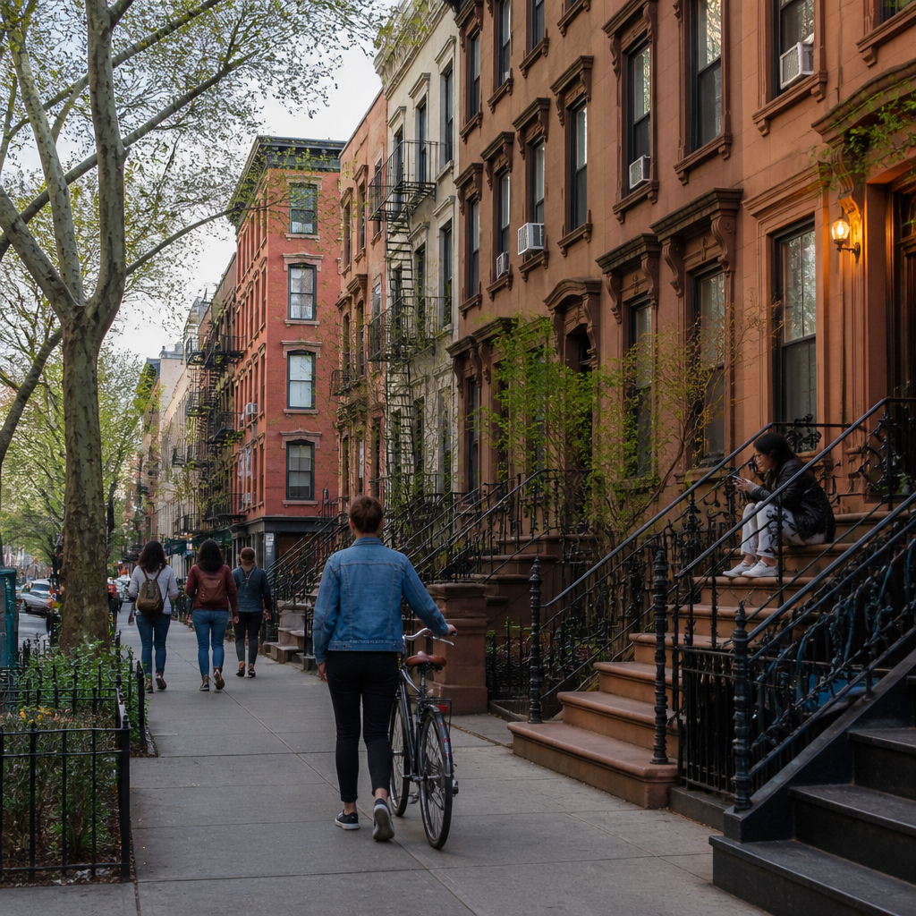 NYC neighborhood street scene featuring brownstones and urban architecture typical of desirable lawyer communities.