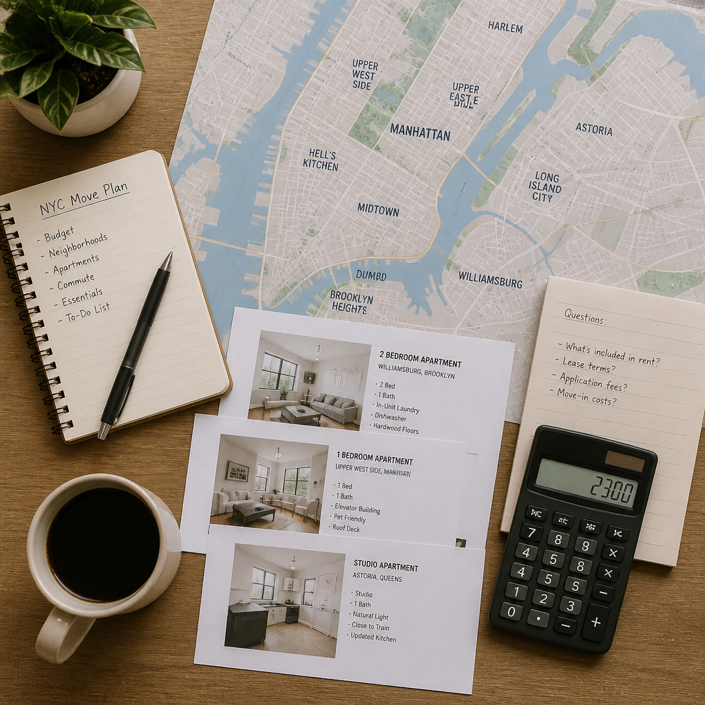Flat lay of NYC apartment search materials including neighborhood map, listings, and planning tools on a desk.