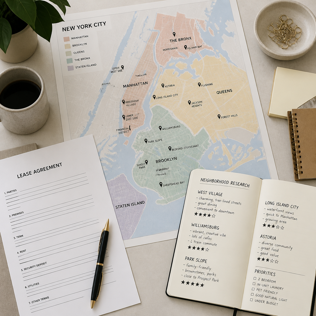Relocation planning materials including NYC neighborhood map and lease documents