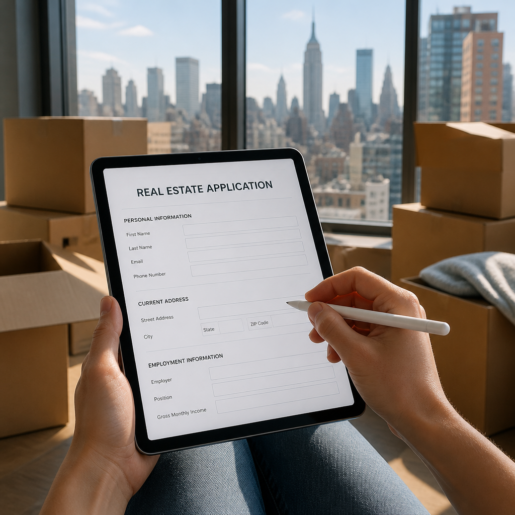 A relocation application lies on a table amidst moving boxes and a view of the NYC skyline.