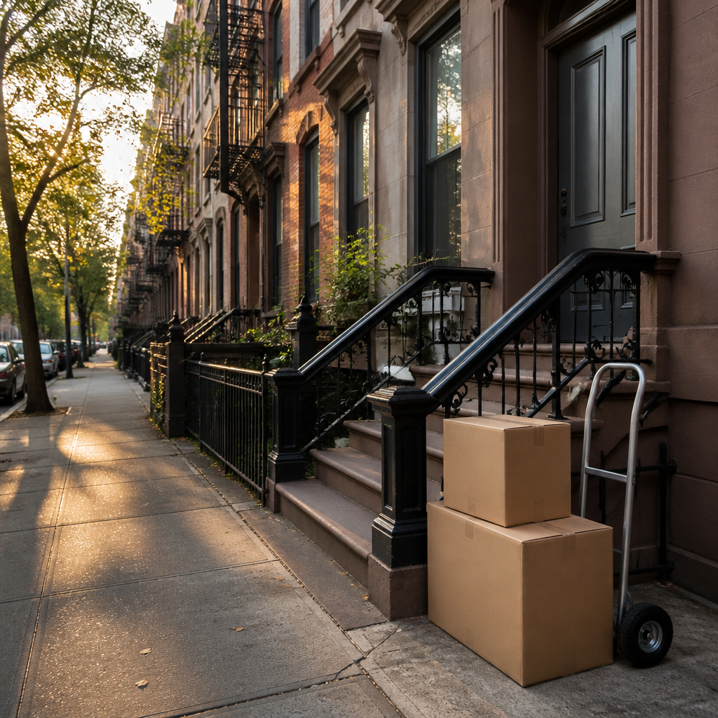 Residential New York City street with brownstone stoops and moving boxes waiting outside an apartment entrance.