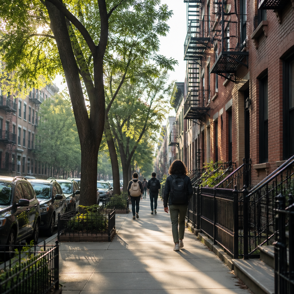 Tree-lined brick walk-up street in an affordable NYC neighborhood with students walking on the sidewalk.