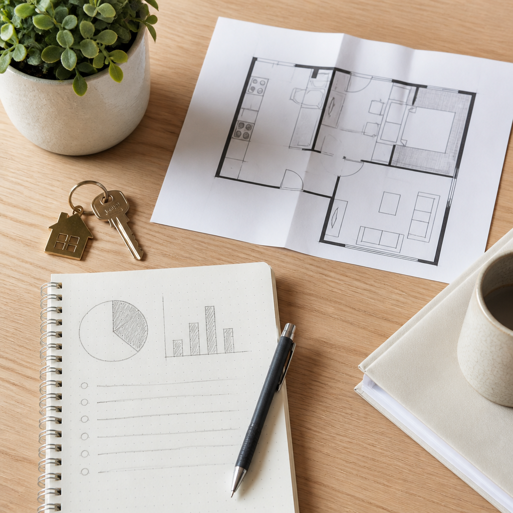 Flat-lay of apartment floor plan, keys and a rent budget notebook for planning an NYC move.