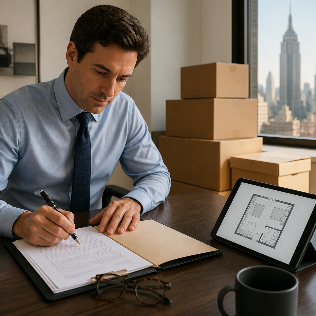 Attorney reviewing apartment floor plans and lease paperwork before moving to New York City
