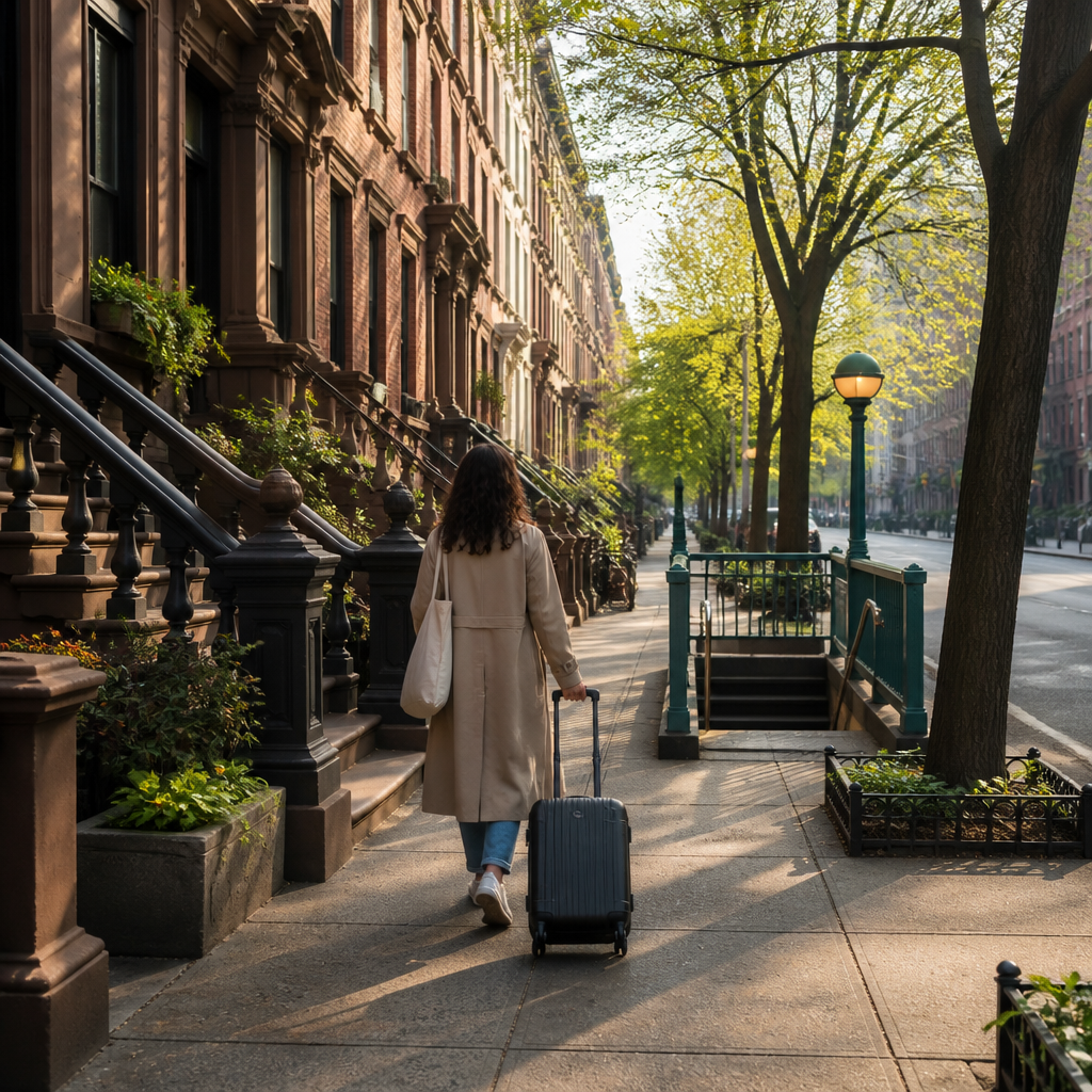 Newcomer with a rolling suitcase walking a tree-lined Brooklyn street toward the subway