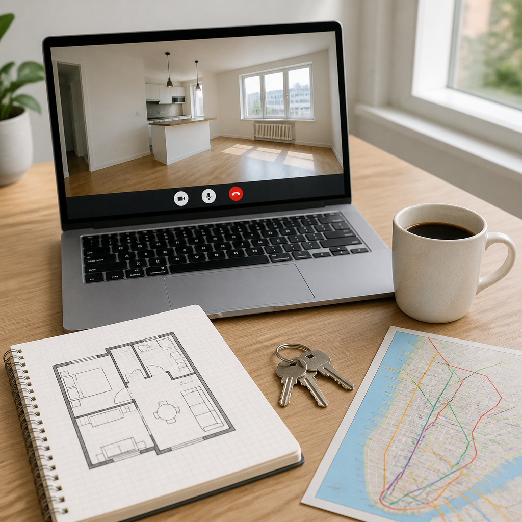 Laptop showing a remote apartment tour beside a hand-drawn floor plan and keys on a desk