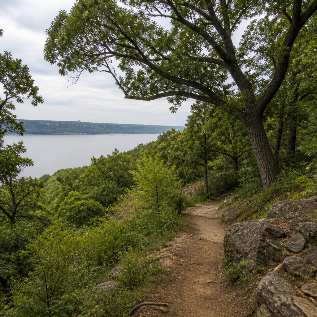 Wooded trail and hillside in Inwood Hill Park overlooking the Hudson River, Manhattan