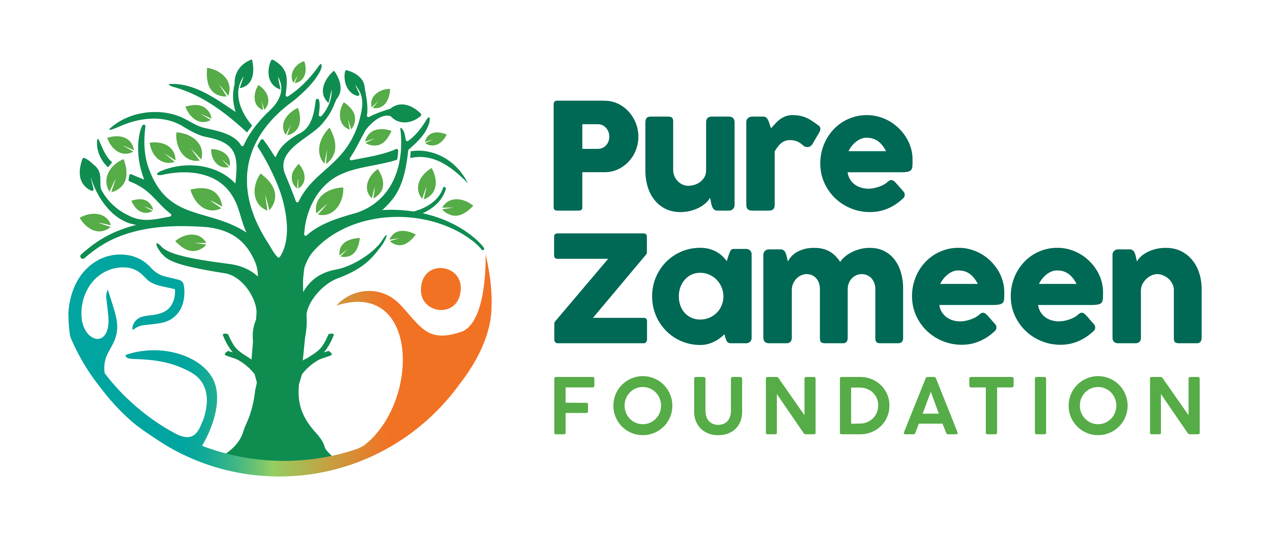 Logo of Pure Zameen Foundation featuring a stylized green tree with leaves, an orange human figure embracing the tree on the right, and a blue outline of a dog sitting on the left, with the foundation's name in green and dark teal text on the right.