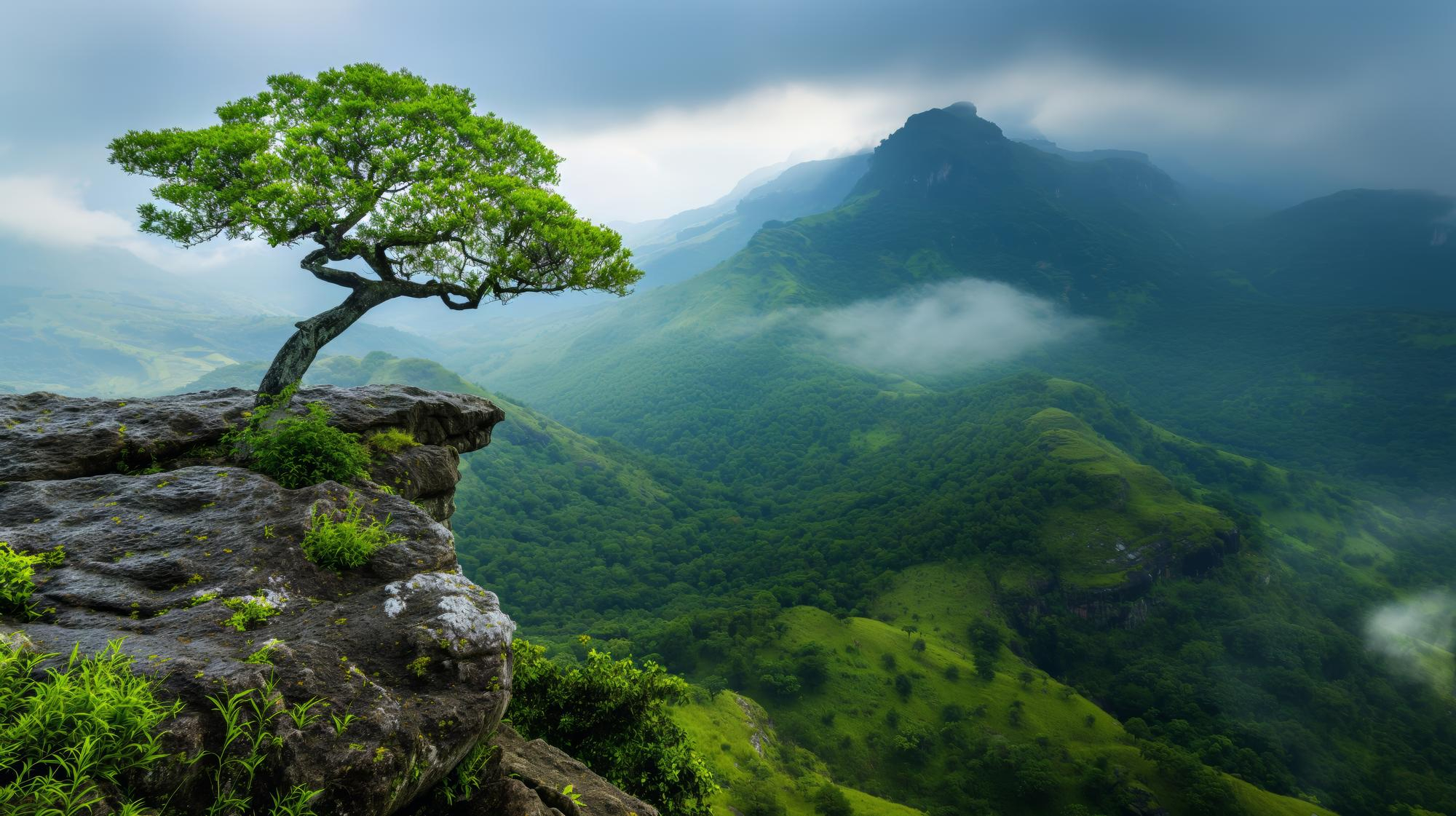 Lone tree with bright green leaves growing on the edge of a rocky cliff overlooking a vast, mist-covered valley and forested mountains under a cloudy sky.