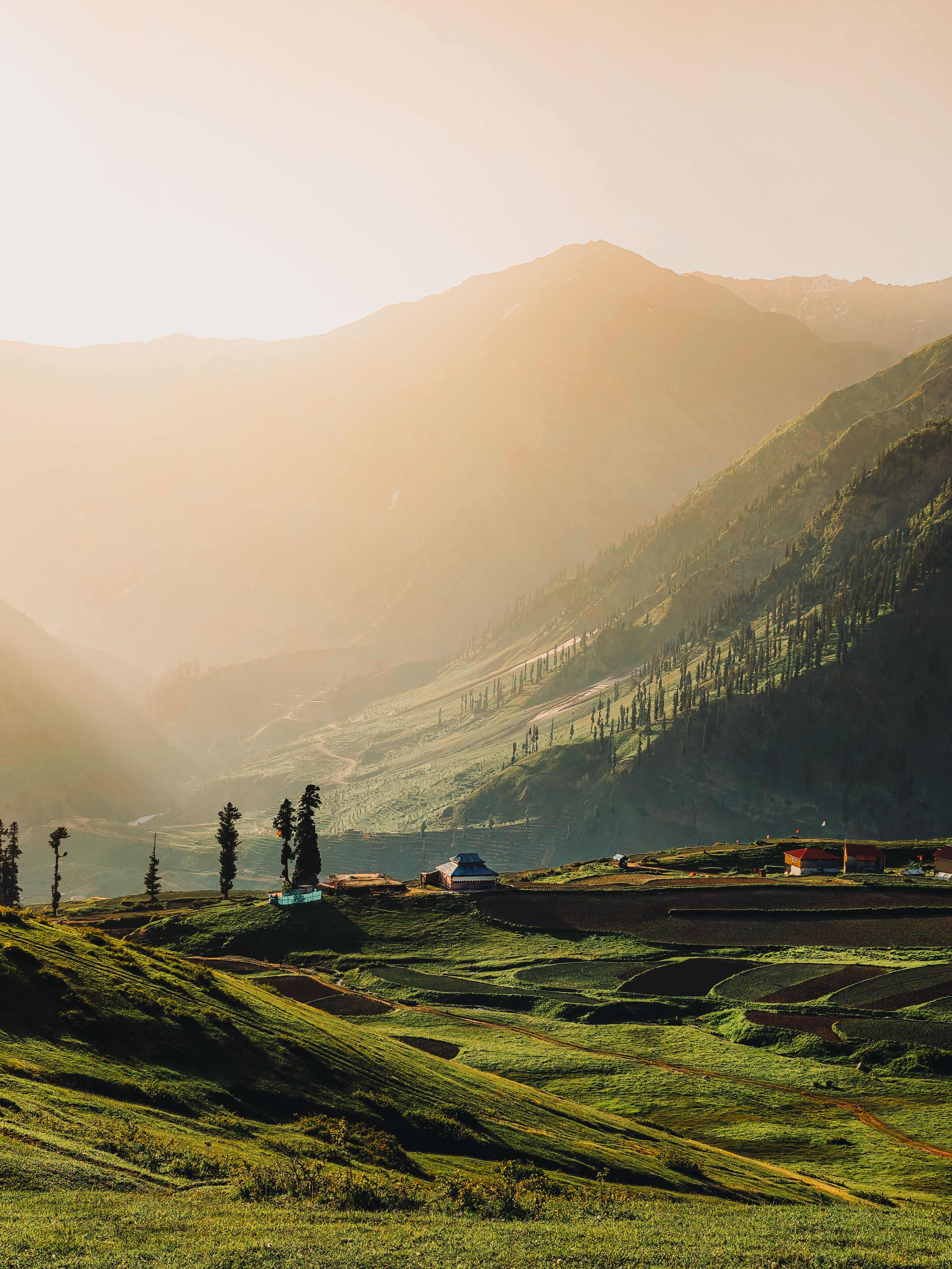 Sunlit green terraced fields on rolling hills with scattered trees and small houses against a backdrop of towering misty mountains.