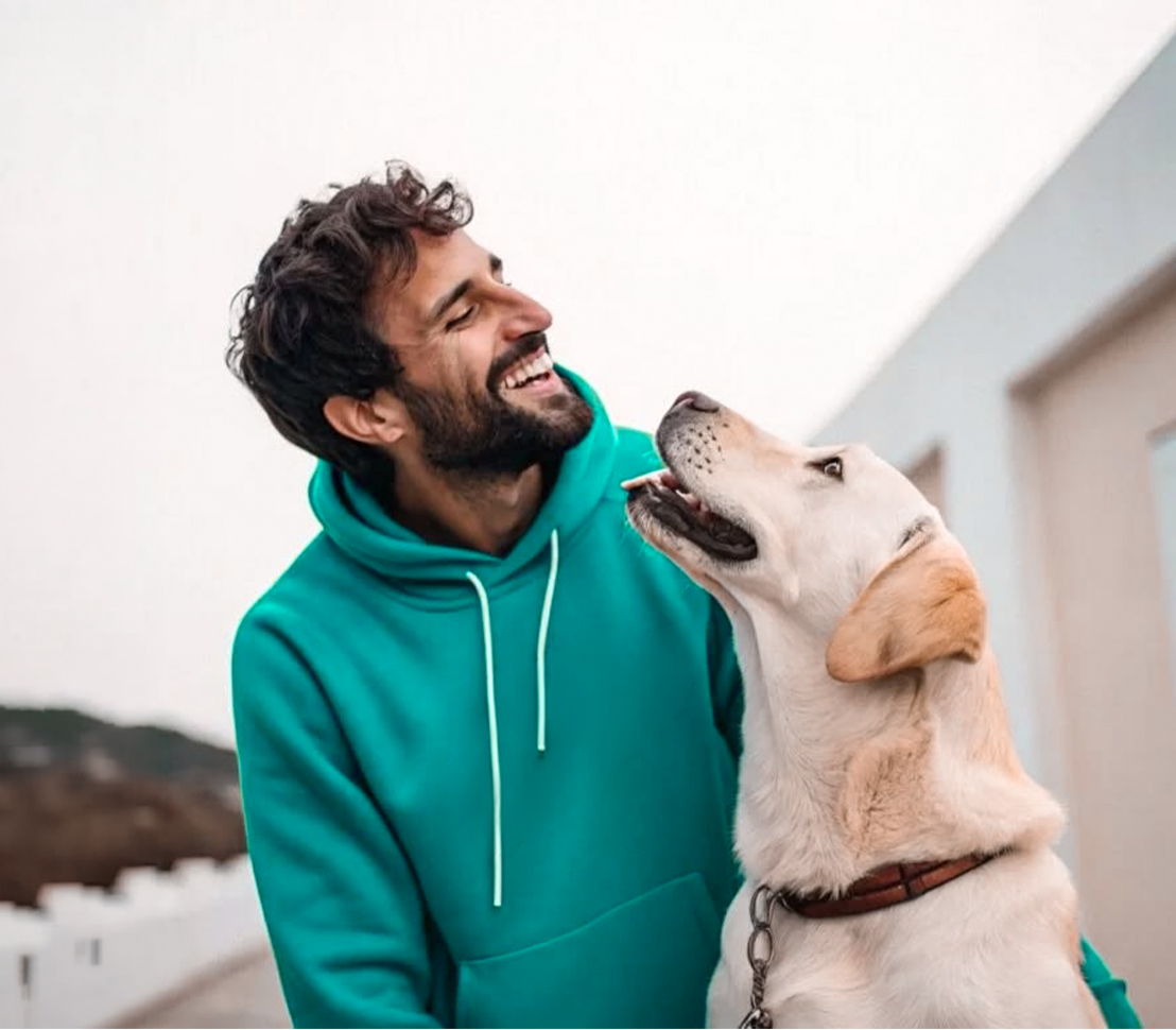 Man wearing a teal hoodie smiling and looking affectionately at a white dog with a brown collar, which looks back at him.