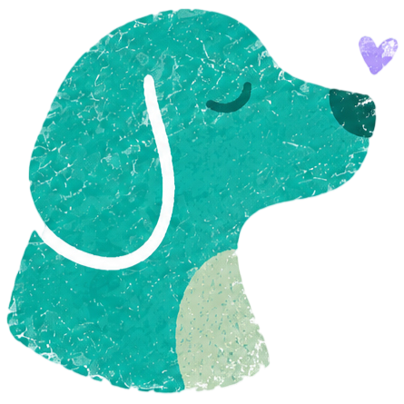 Illustration of a teal-colored dog profile with closed eyes and a white outline on the ear, with a small purple heart near its nose.