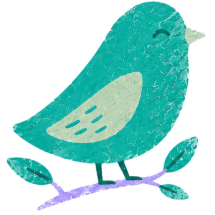 Illustration of a blue bird with a light blue wing, standing on a purple branch with green leaves, with a textured pattern on its body.