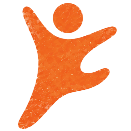 Simplified stylized orange figure of a person jumping or dancing with arms and legs spread, on a transparent background.