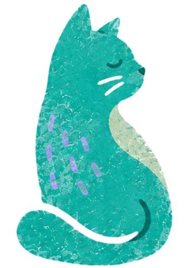 Illustration of a teal-colored, stylized cat sitting in profile with eyes closed and purple markings on its back.