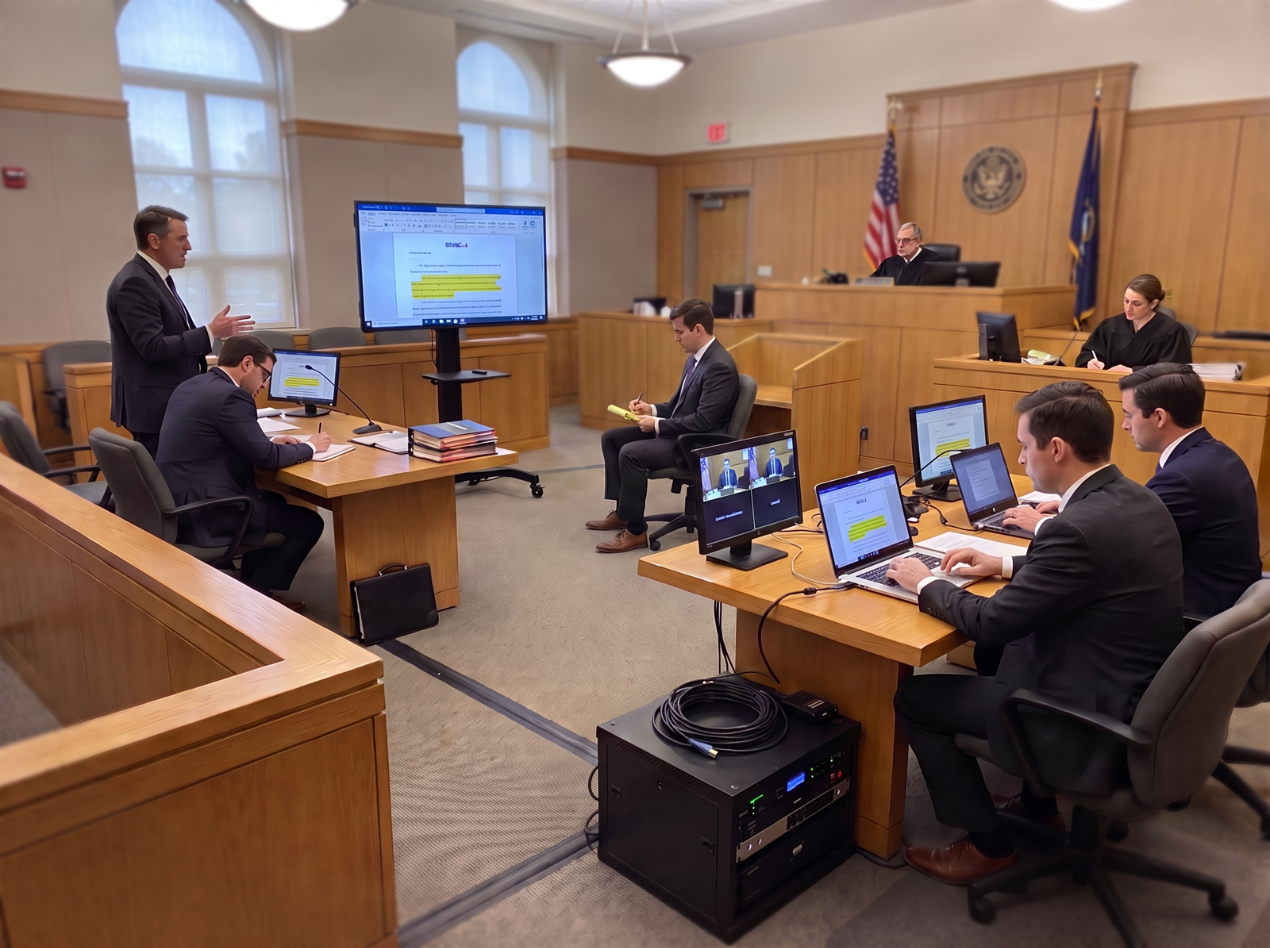 Trial technician and video playback technician operating presentation equipment at counsel table during a courtroom proceeding