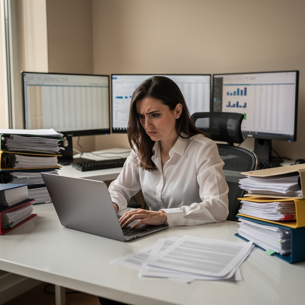 Femme de bureau concentrée travaillant sur un ordinateur portable entourée de piles de dossiers et d'écrans.