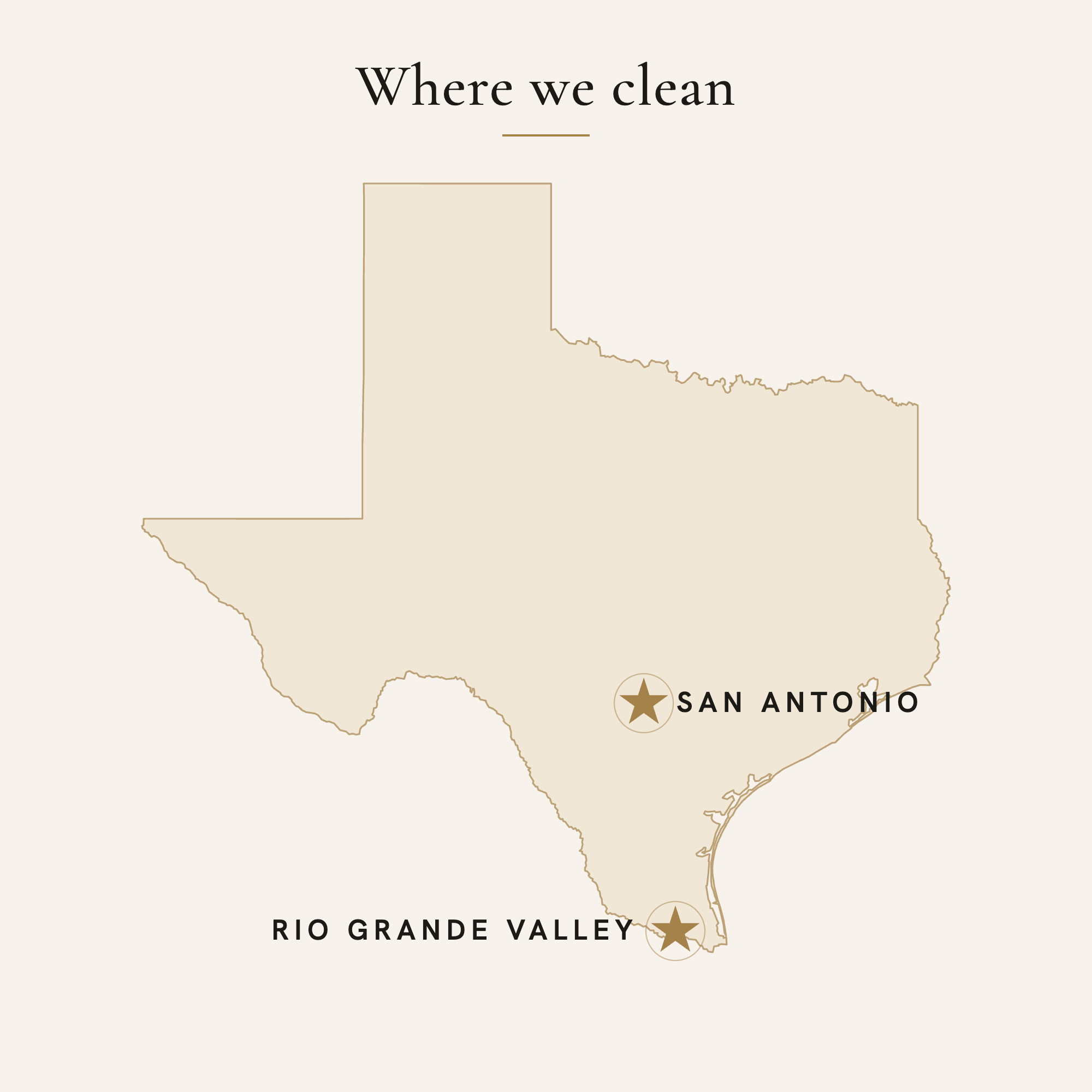 Map of Texas highlighting the San Antonio and Rio Grande Valley areas served by Luxe Luxury Cleaning
