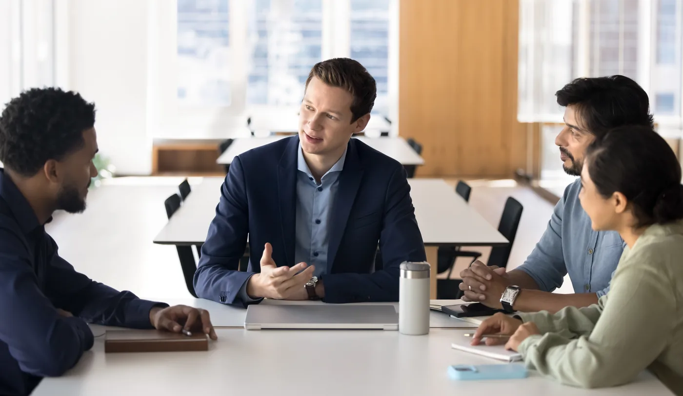 A security advisor leading a working session with a client team around a meeting table