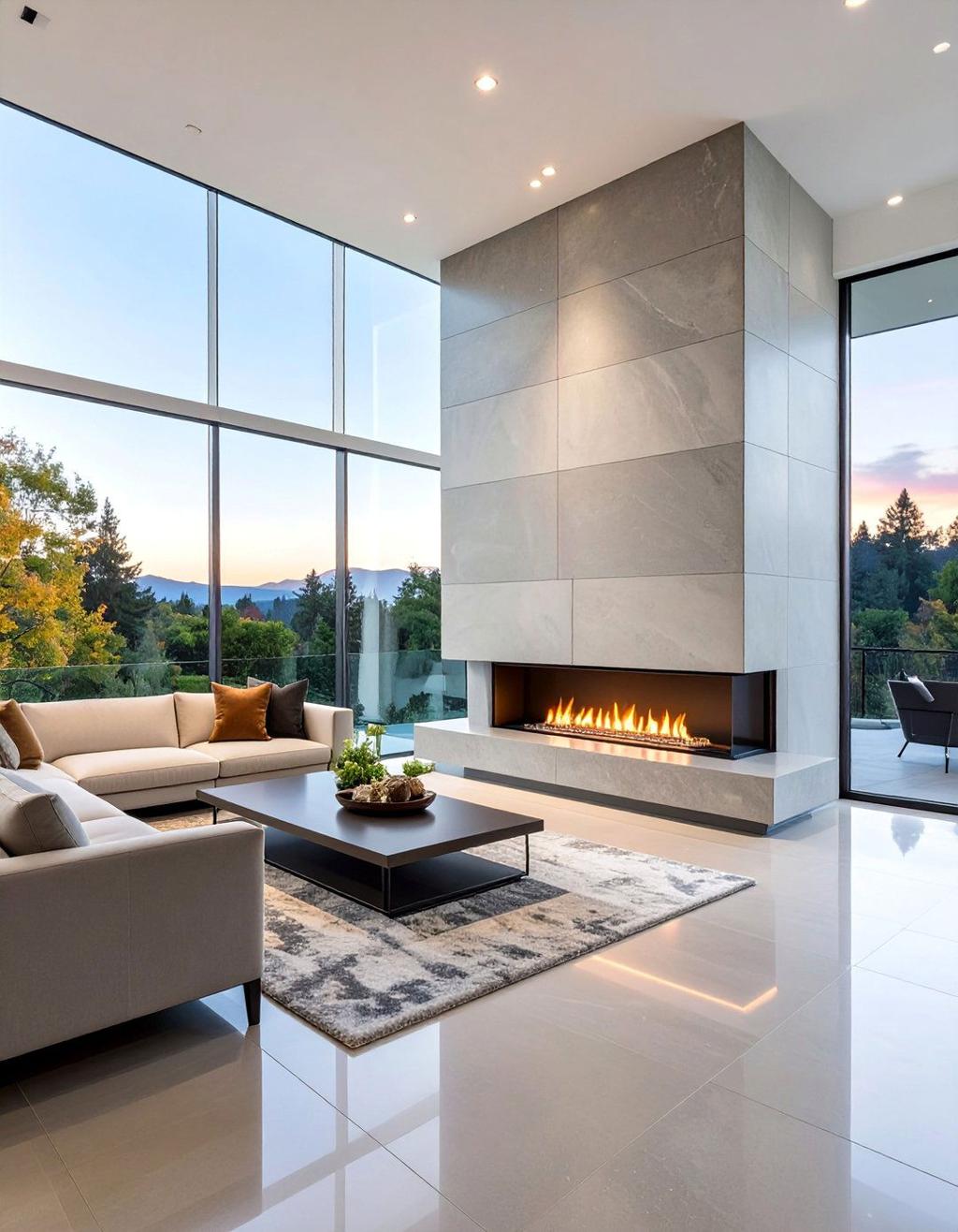 Modern living room with large floor-to-ceiling windows showing an outdoor view of trees and mountains at sunset, a beige sectional sofa with pillows, a dark rectangular coffee table on a patterned rug, and a long built-in gas fireplace with gray tiled surround.