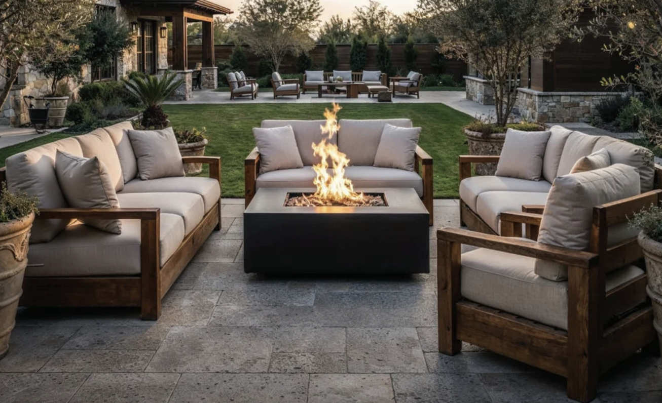 Outdoor patio seating area with four wooden framed sofas and armchairs featuring beige cushions arranged around a square fire pit with flames, set on stone tile flooring with grass and additional seating in the background.