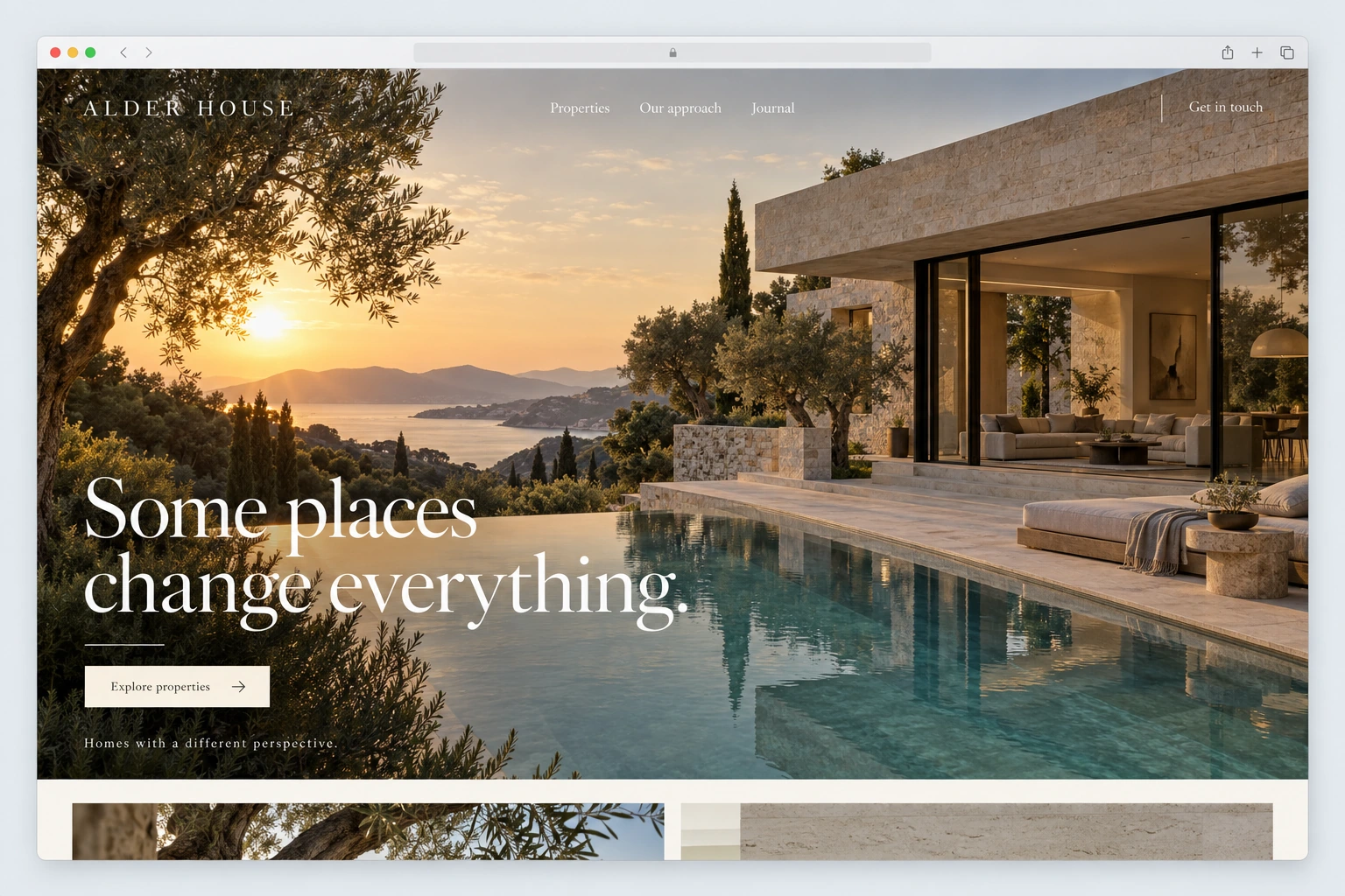 Alder House: a contemporary website redesign concept inside a Mac browser window