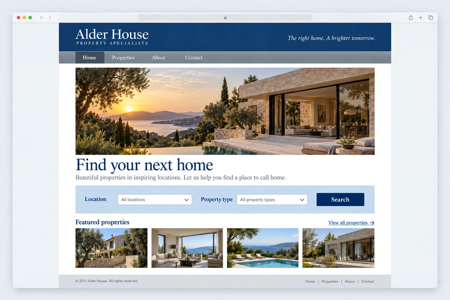 Alder House: an illustrative older website with a conventional layout inside a Mac browser window