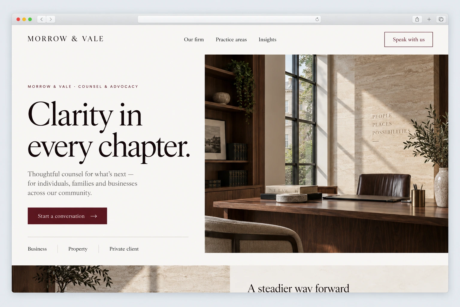 Morrow & Vale: a contemporary website redesign concept inside a Mac browser window