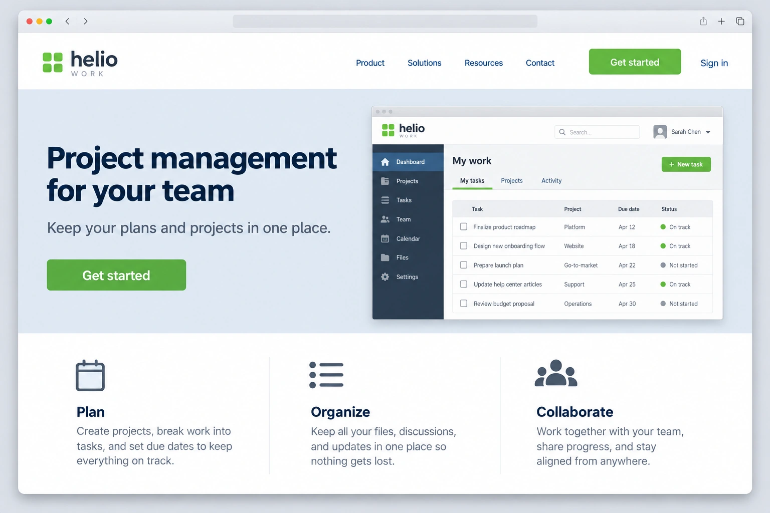 Helio Work: an illustrative older website with a conventional layout inside a Mac browser window