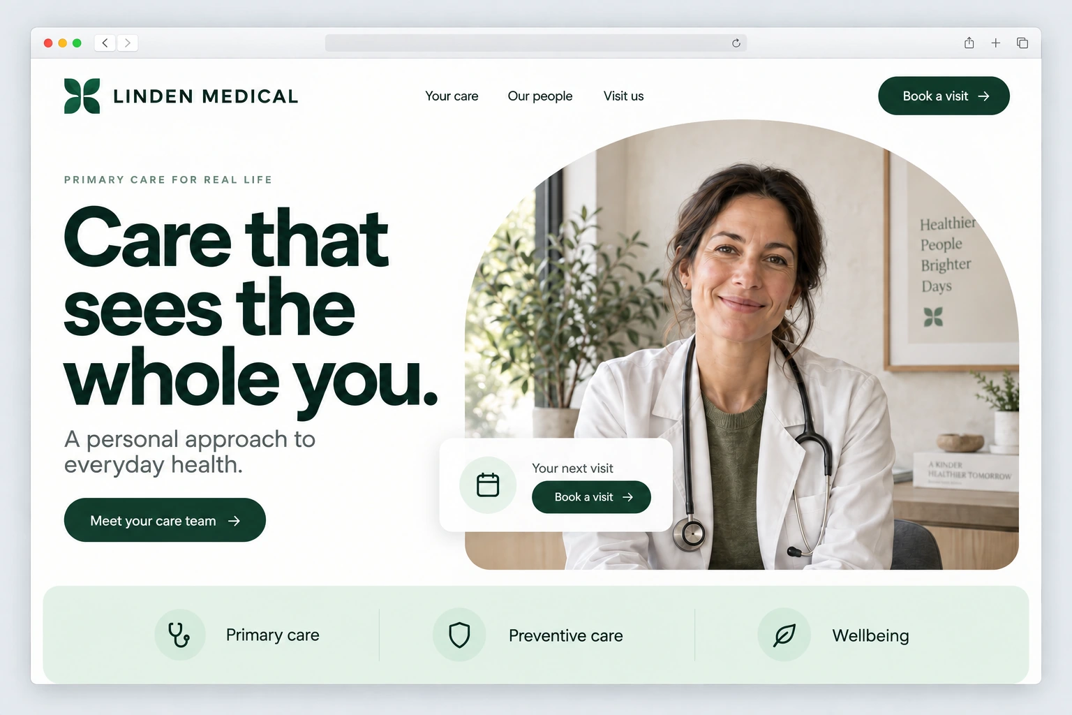 Linden Medical: a contemporary website redesign concept inside a Mac browser window