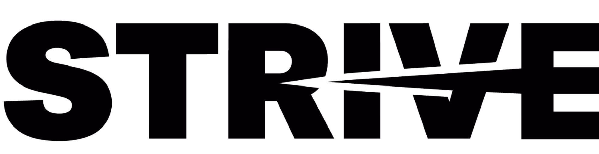 Strive wordmark logo in black bold lowercase letters with a stylized ace of spades shape above the t