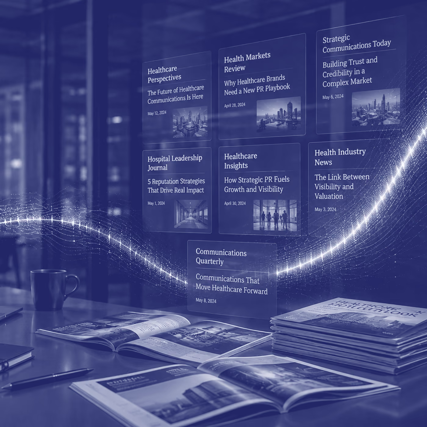 Healthcare trade headlines float above a stack of magazines on a desk, in blue duotone