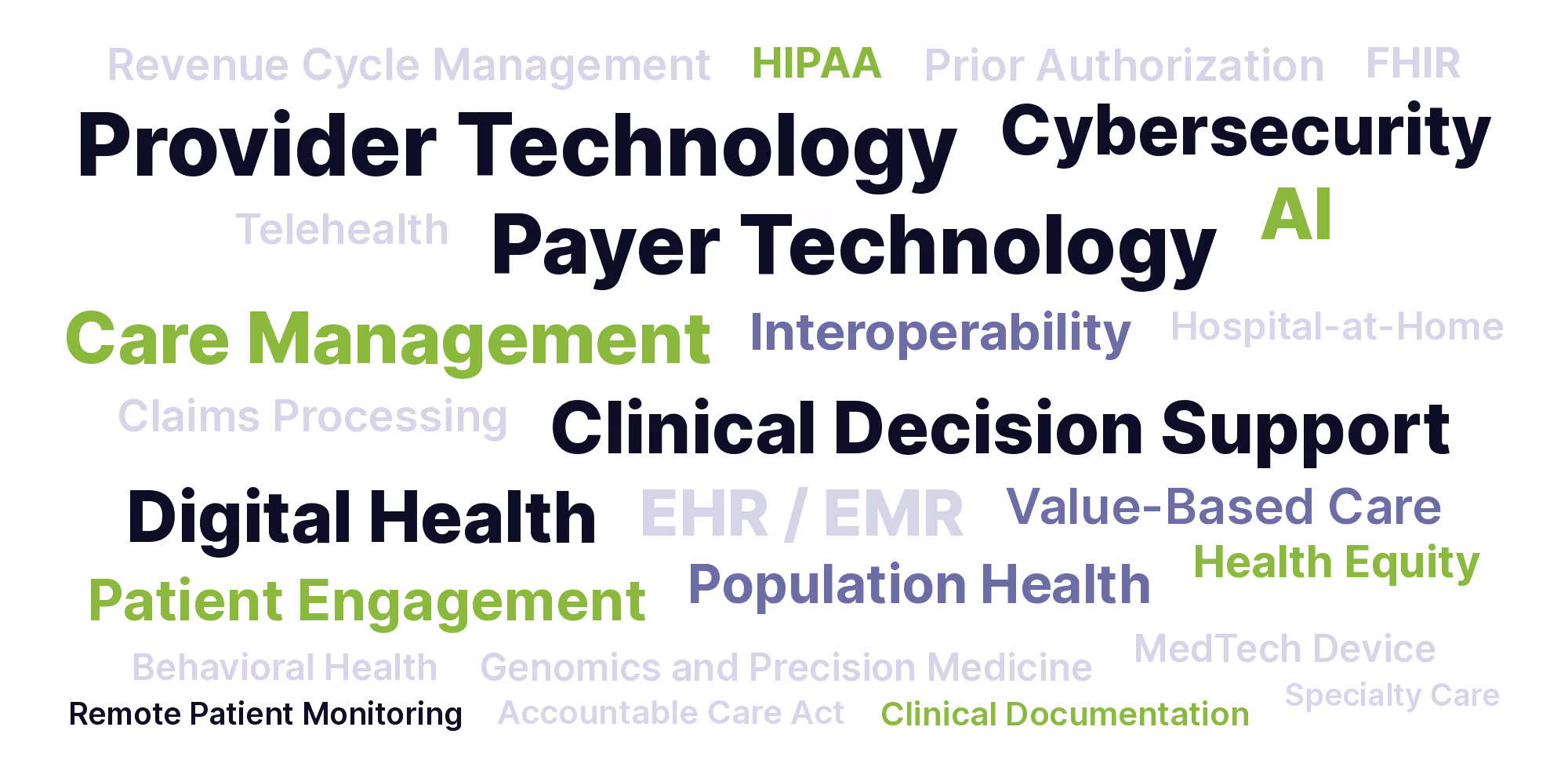 Word cloud of healthcare sectors Aria serves, from provider and payer technology to cybersecurity, AI, and digital health