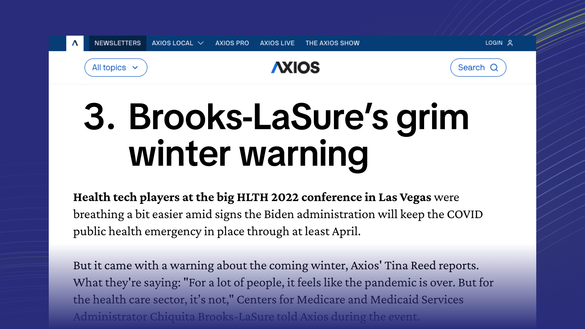 Axios newsletter headline: Brooks-LaSure's grim winter warning, reporting on health tech at HLTH 2022