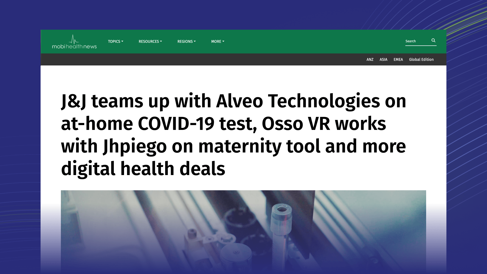 MobiHealthNews headline: J&J teams up with Alveo Technologies on at-home COVID-19 test