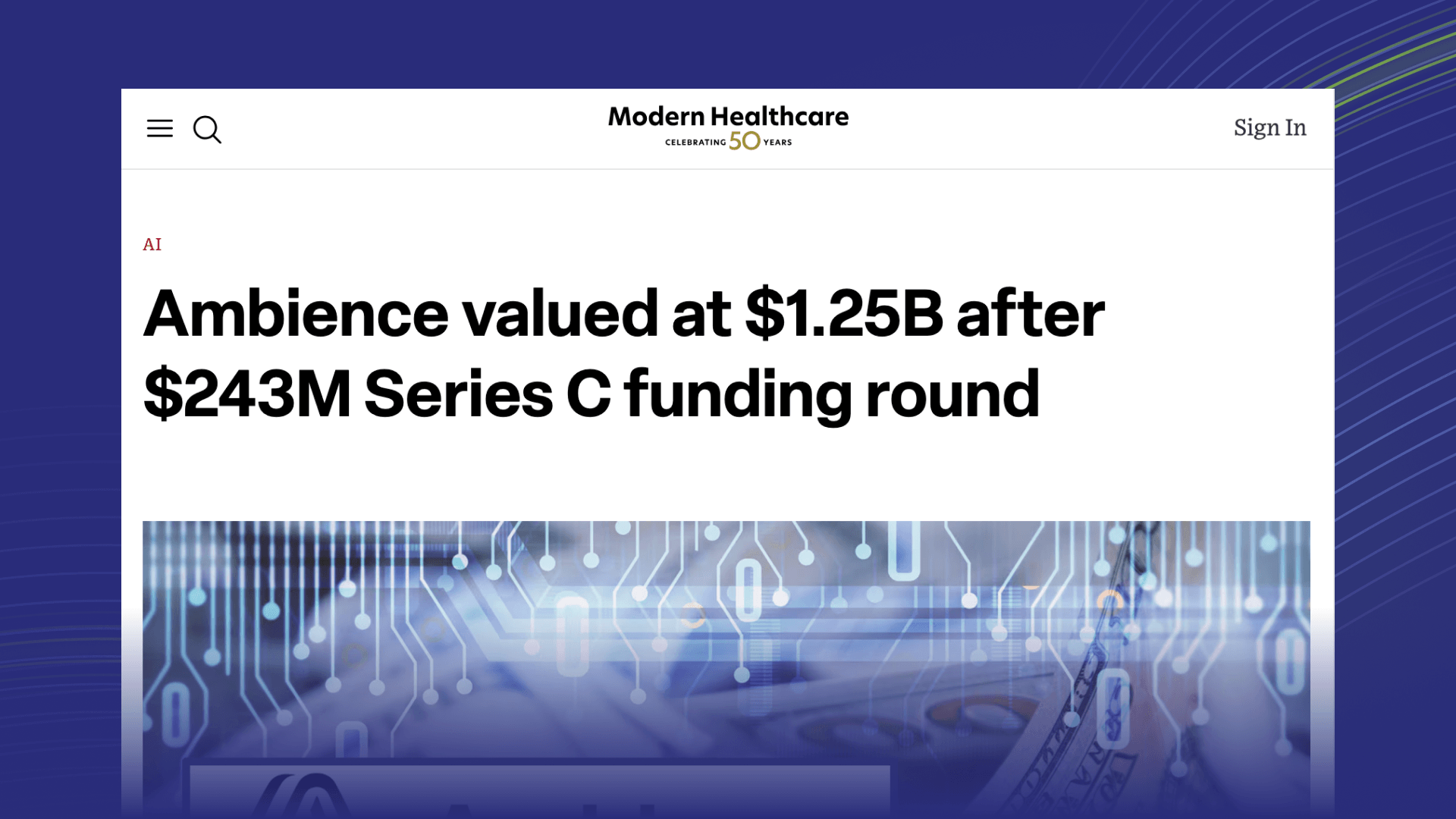 Modern Healthcare headline: Ambience valued at $1.25B after $243M Series C funding round
