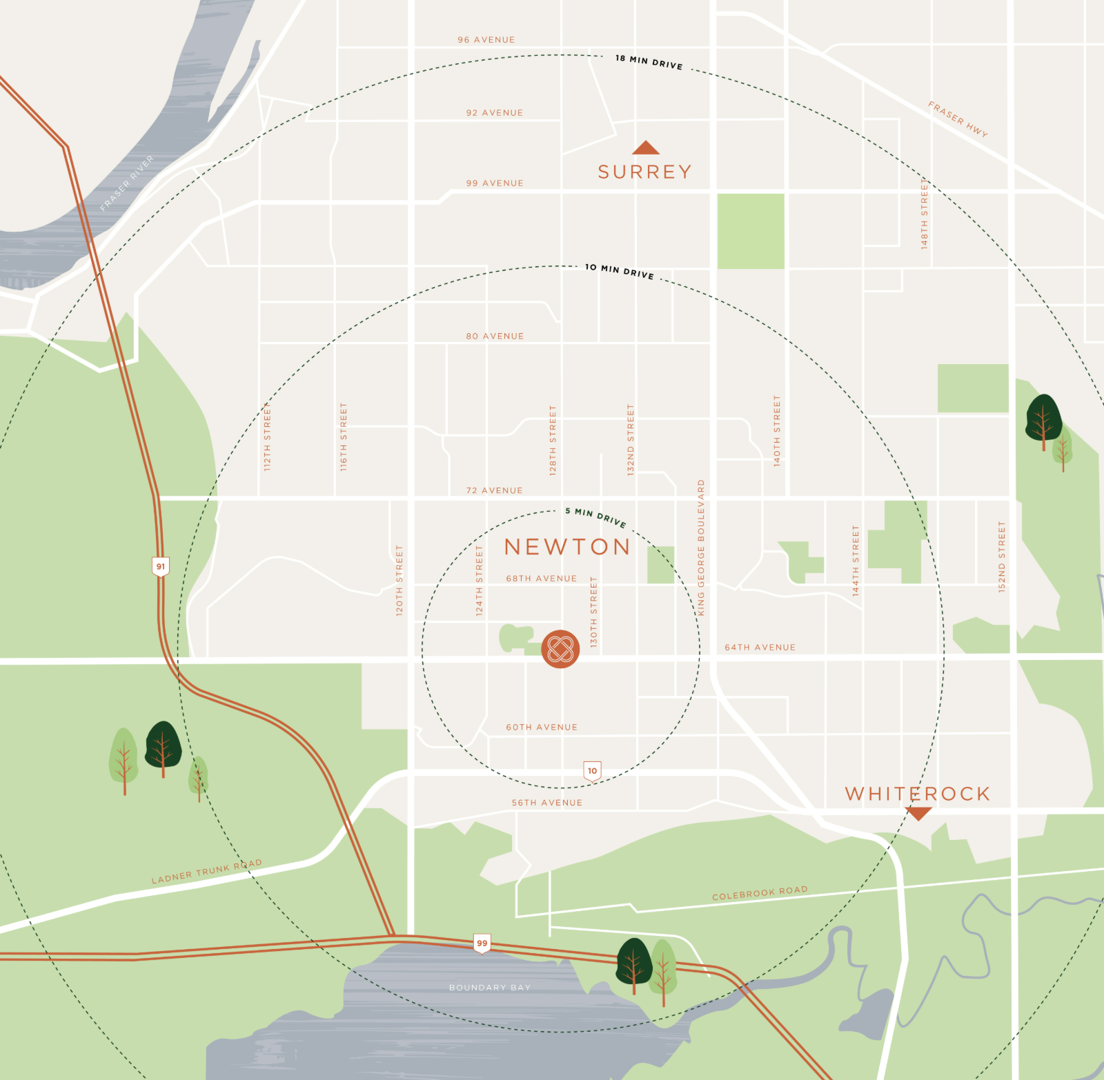 Map of Newton, Surrey, showing Harth at 128th Street and 64th Avenue