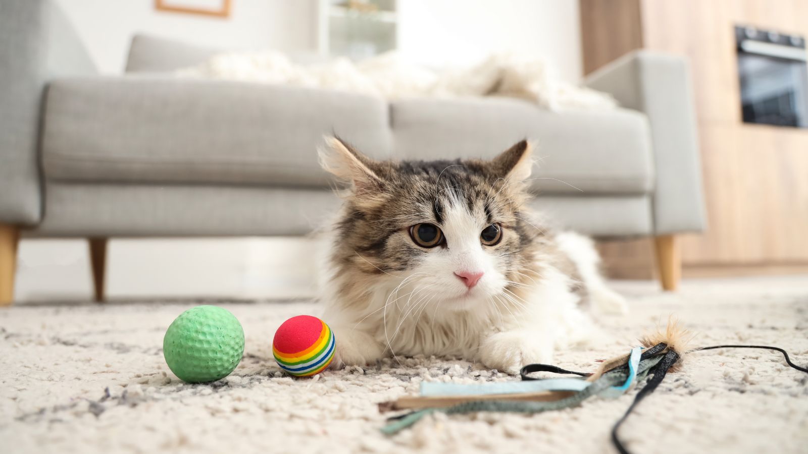 A long-haired, fluffy domestic cat with tabby and white fur is lying on a carpet, with a few toys around it.