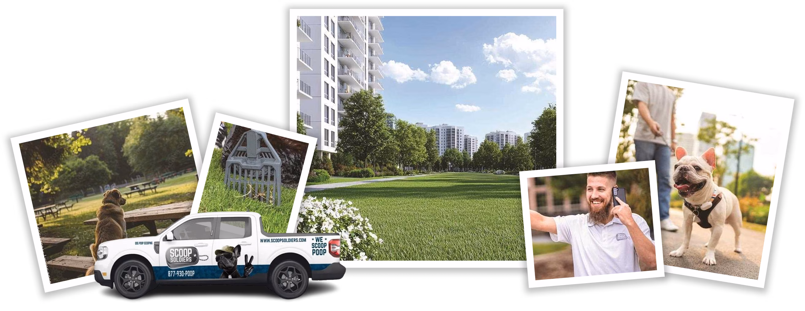 Collage featuring a Scoop Pooper truck with branding, a dog sitting on a bench in a park, a close-up of a dog waste station sign, a green residential landscaping area with buildings, a man talking on a phone, and a French bulldog walking on a sidewalk.