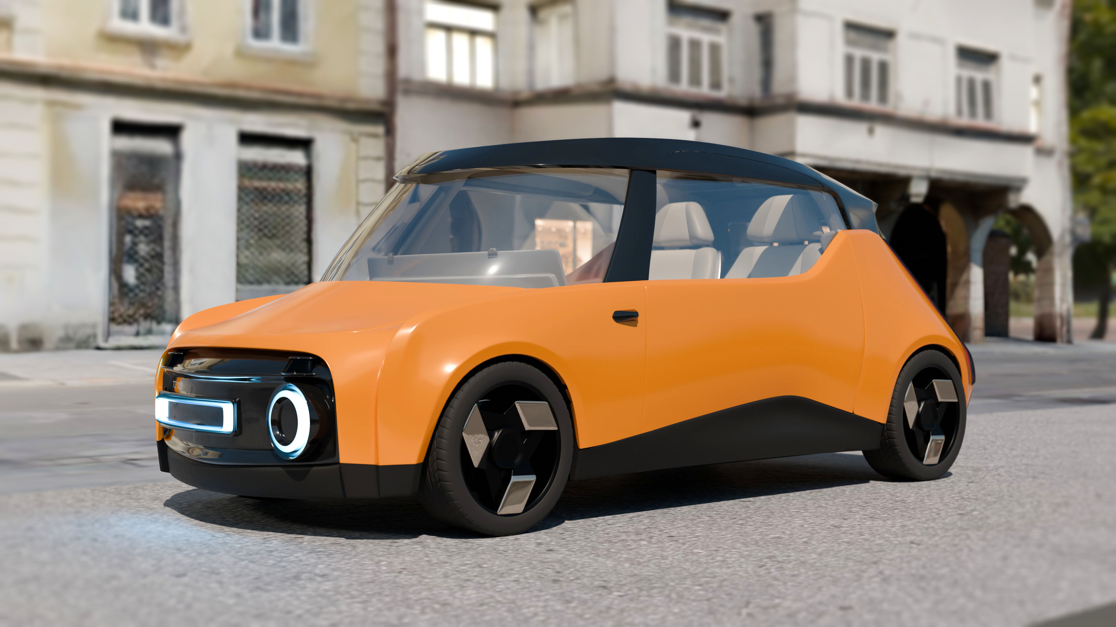 Orange compact futuristic car with round LED headlights parked on street near old buildings.