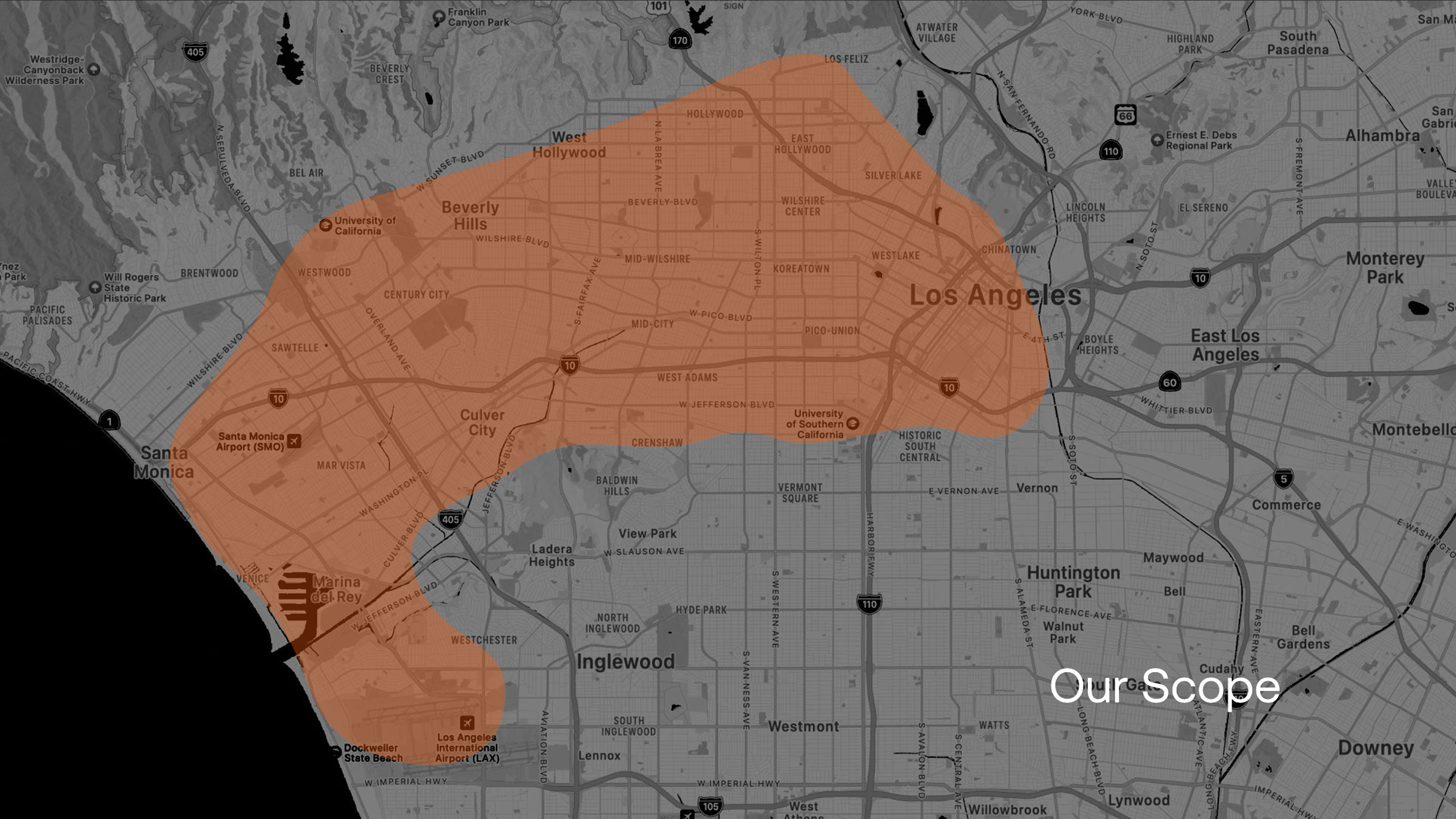 Map of Los Angeles highlighting an orange area covering Beverly Hills, West Hollywood, and Santa Monica.