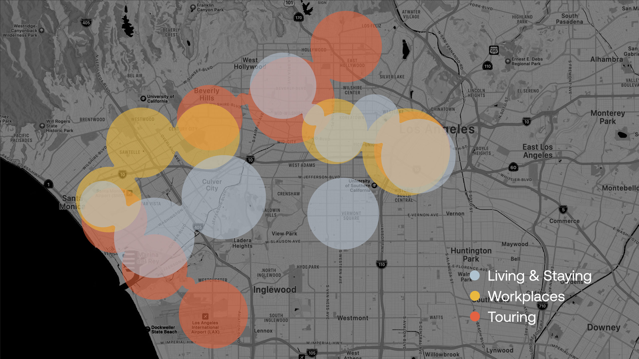 Los Angeles map with colored circles representing living, workplaces, and touring areas in blue, yellow, and red.