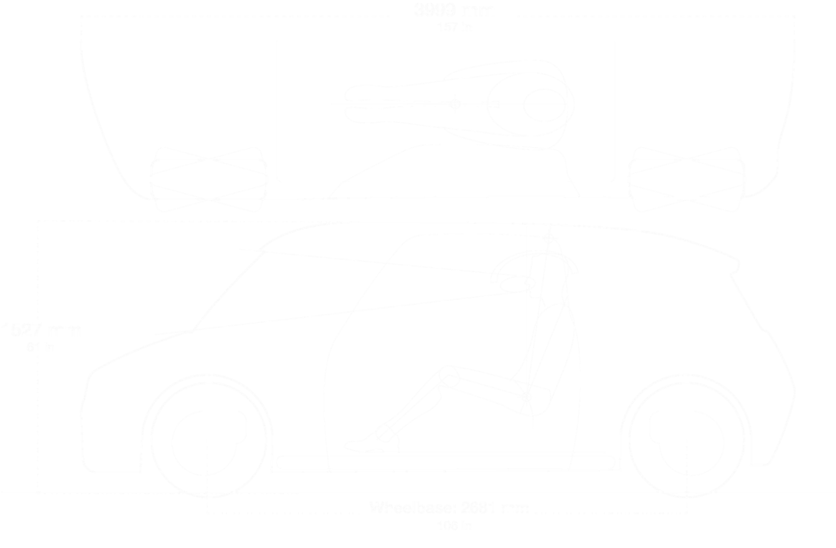 Technical side and top vehicle diagram showing a seated human figure and dimensions in millimeters and inches.