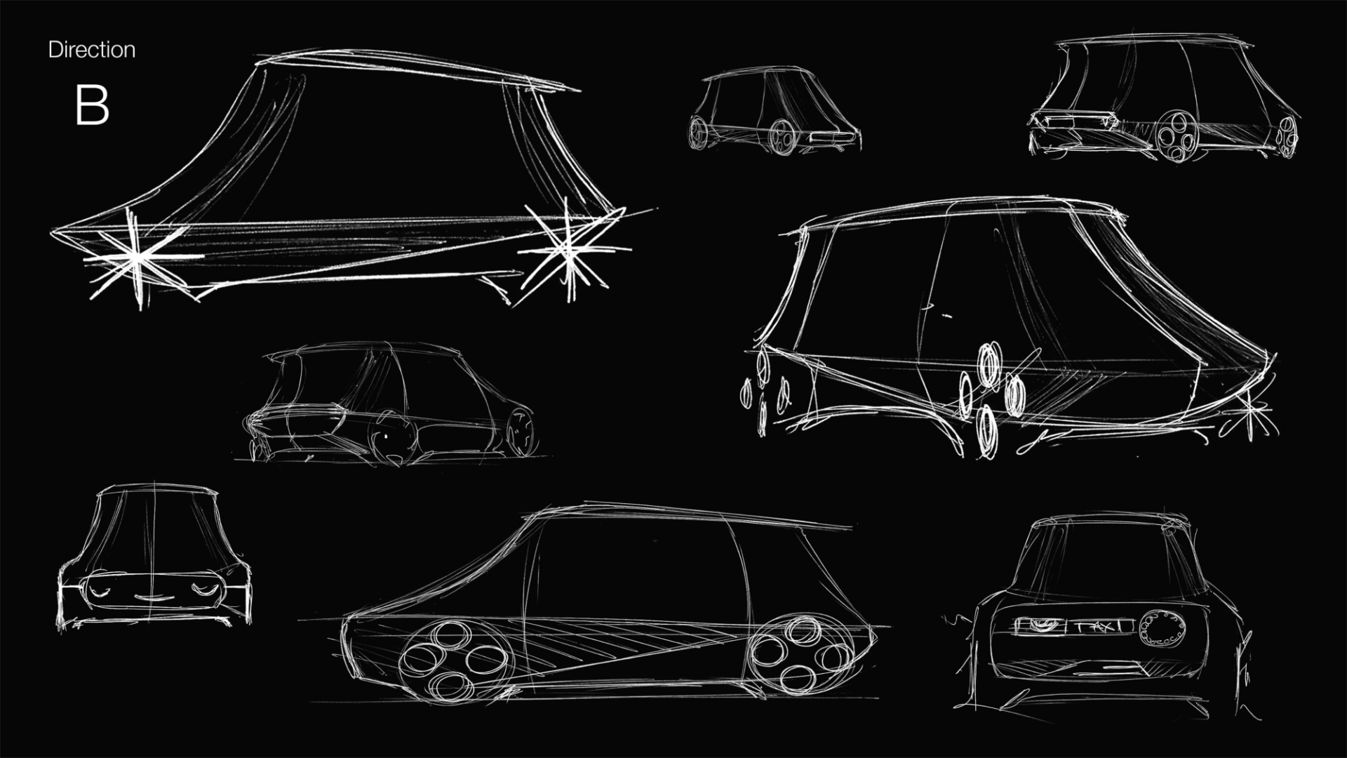 White line sketches of futuristic compact car designs on a black background labeled Direction B.
