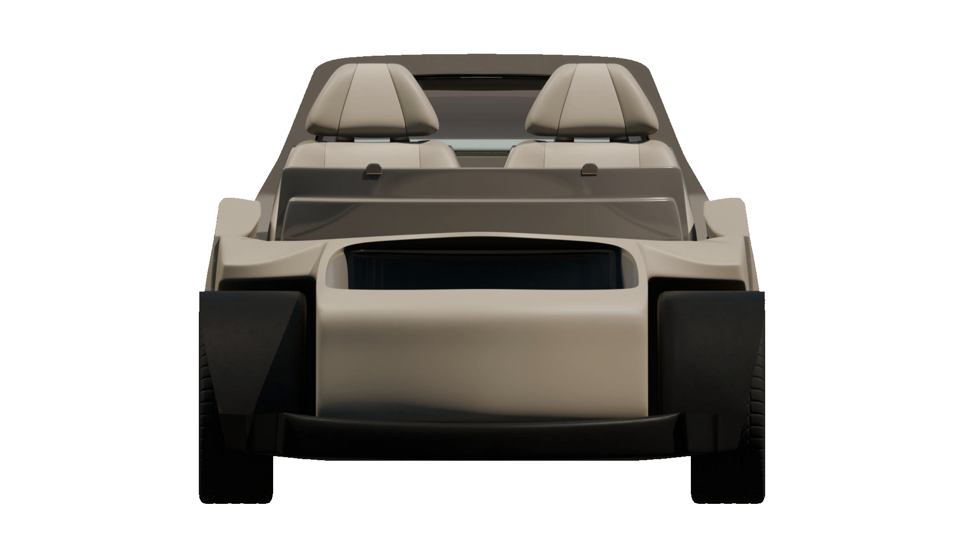 Front view of a futuristic robotaxi with beige seats and no visible steering wheel.