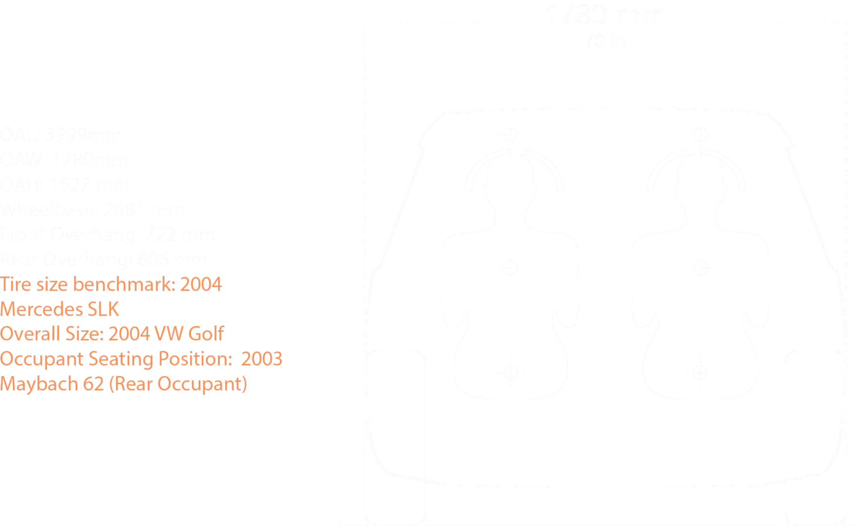 Front outline of a vehicle with two seated occupants and measurements listed beside for dimensions and benchmarks.