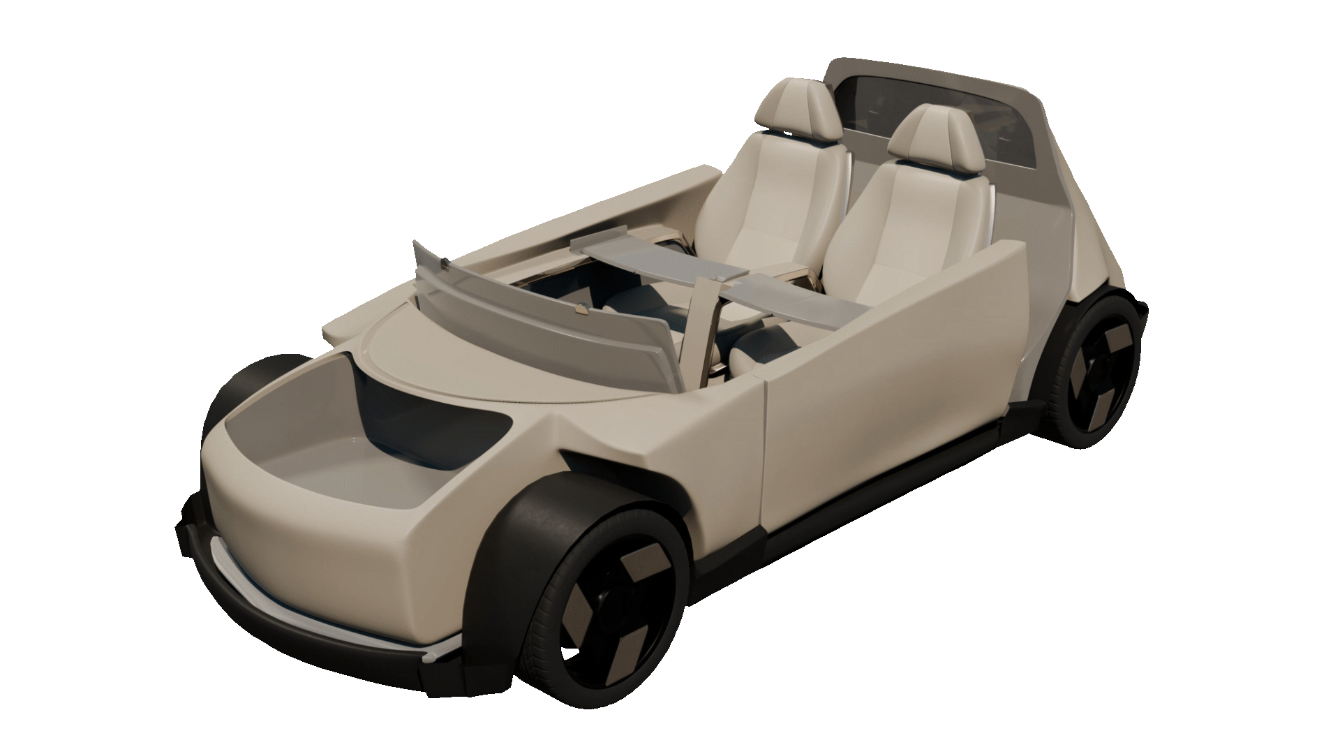 Beige futuristic open cabin car with two seats and black wheels on a red background.