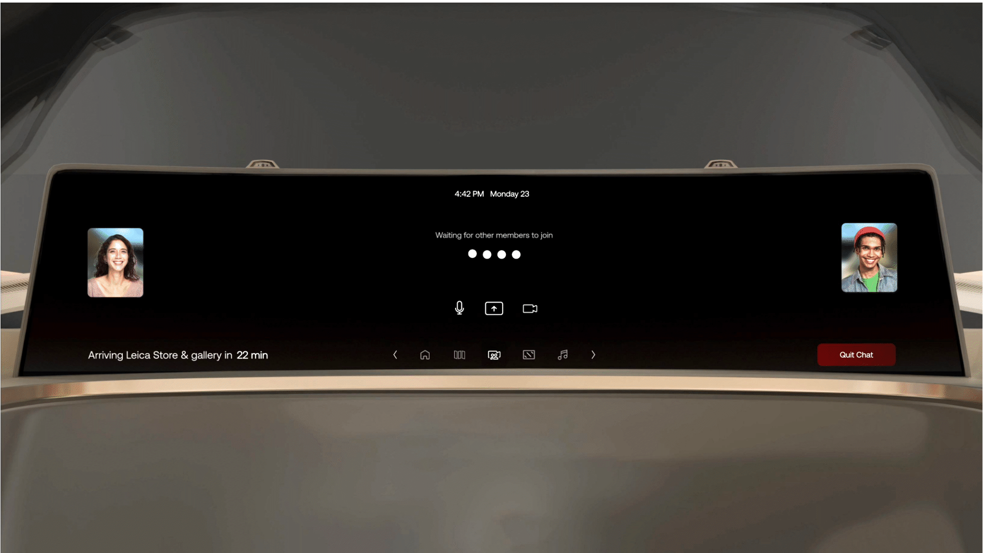 Car dashboard screen showing video call interface with two participants and arrival in 22 minutes.